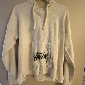 Stussy VINTAGE Cream Hooded Crewneck Sweater with Logo Pocket
